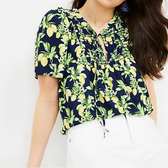 Lemon Ruffle Button Mixed Media Top - Picture 7 of 8